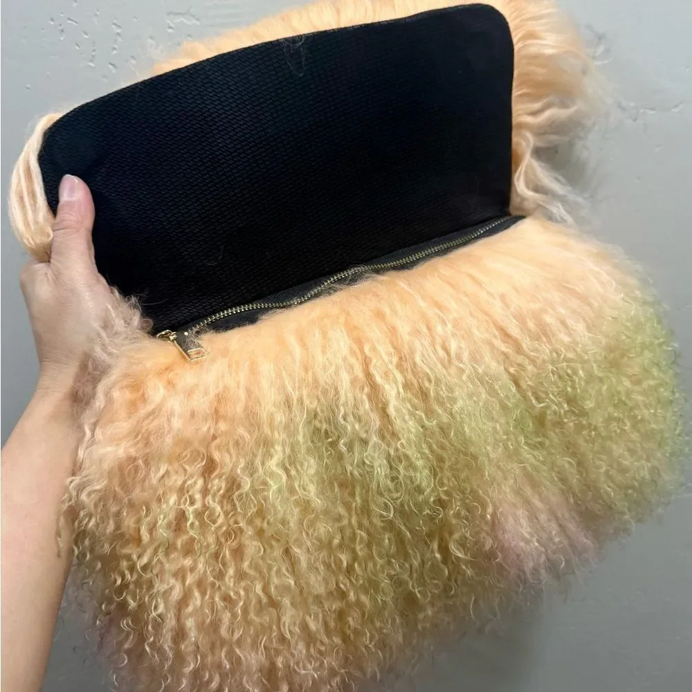 Colorful Real Mongolian Lamb Fur Handmade Boho Style, Fold Over Flap Handbag
